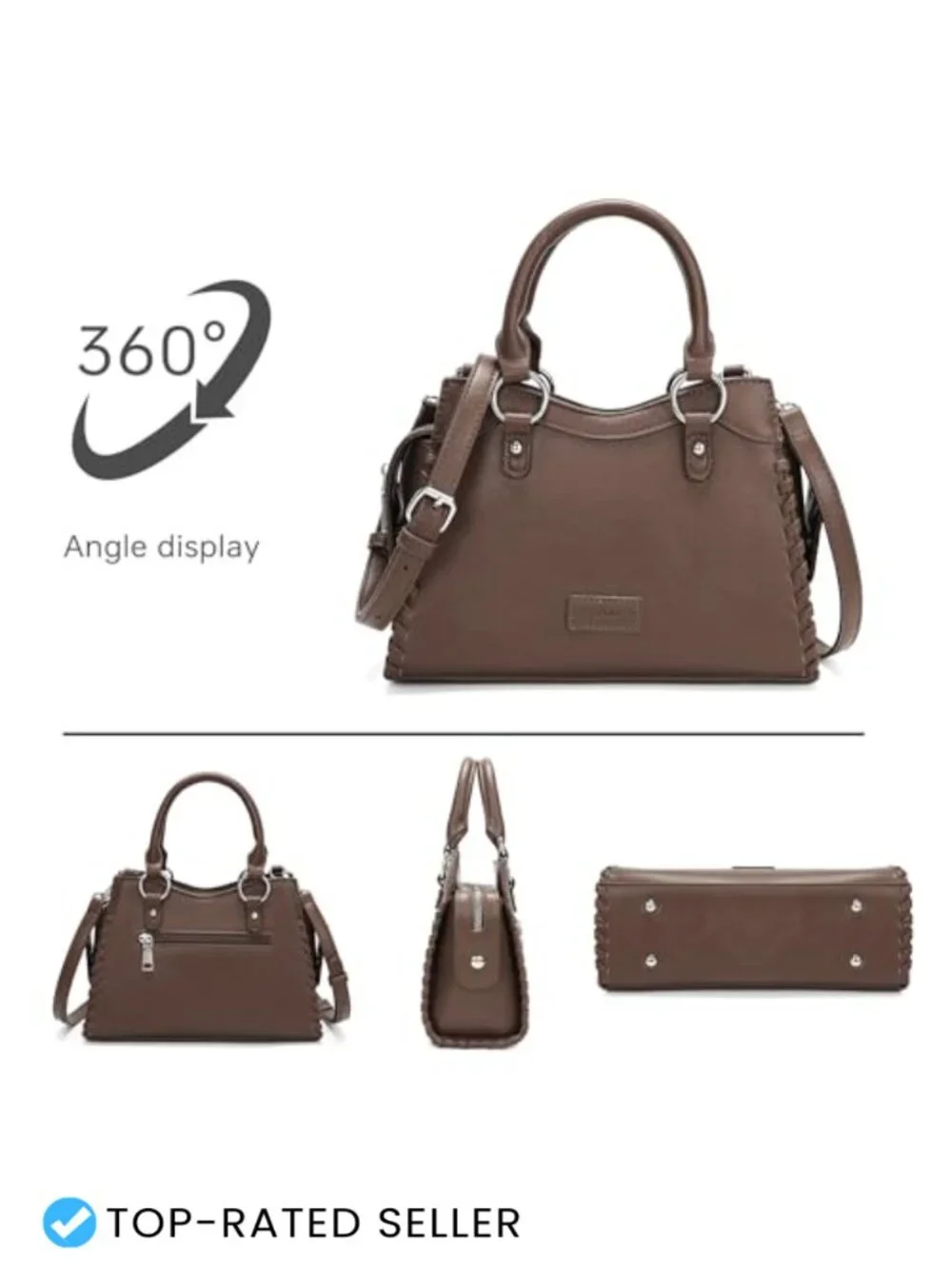 Faux Leather Medium Satchel Purse with Braided Trim, Detachable Strap, Multiple